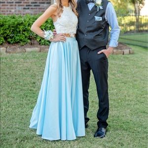 two piece blue and white formal dress